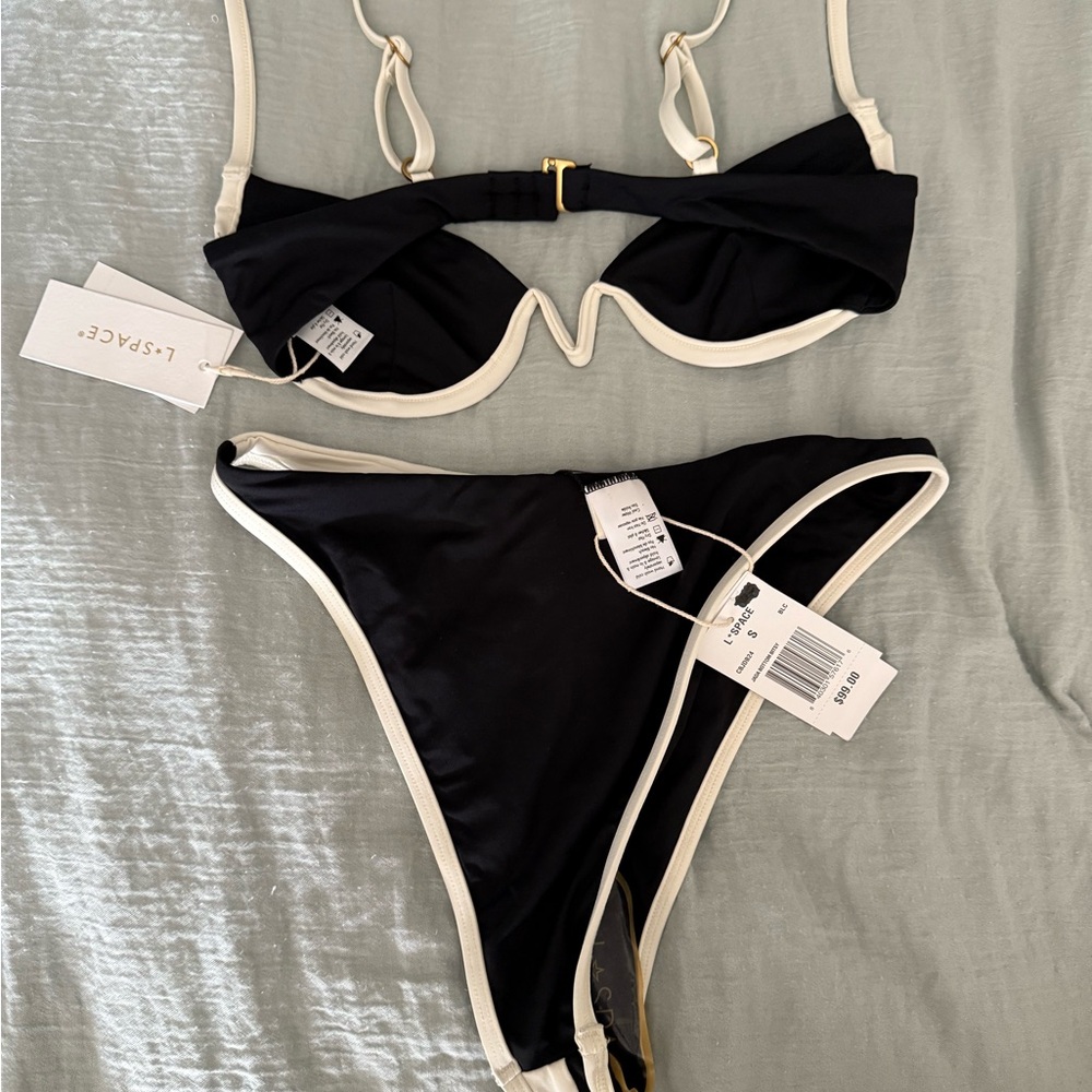 NWT L*Space Nico Black and White Bikini Top Jada Bottoms Set - Picture 4 of 7